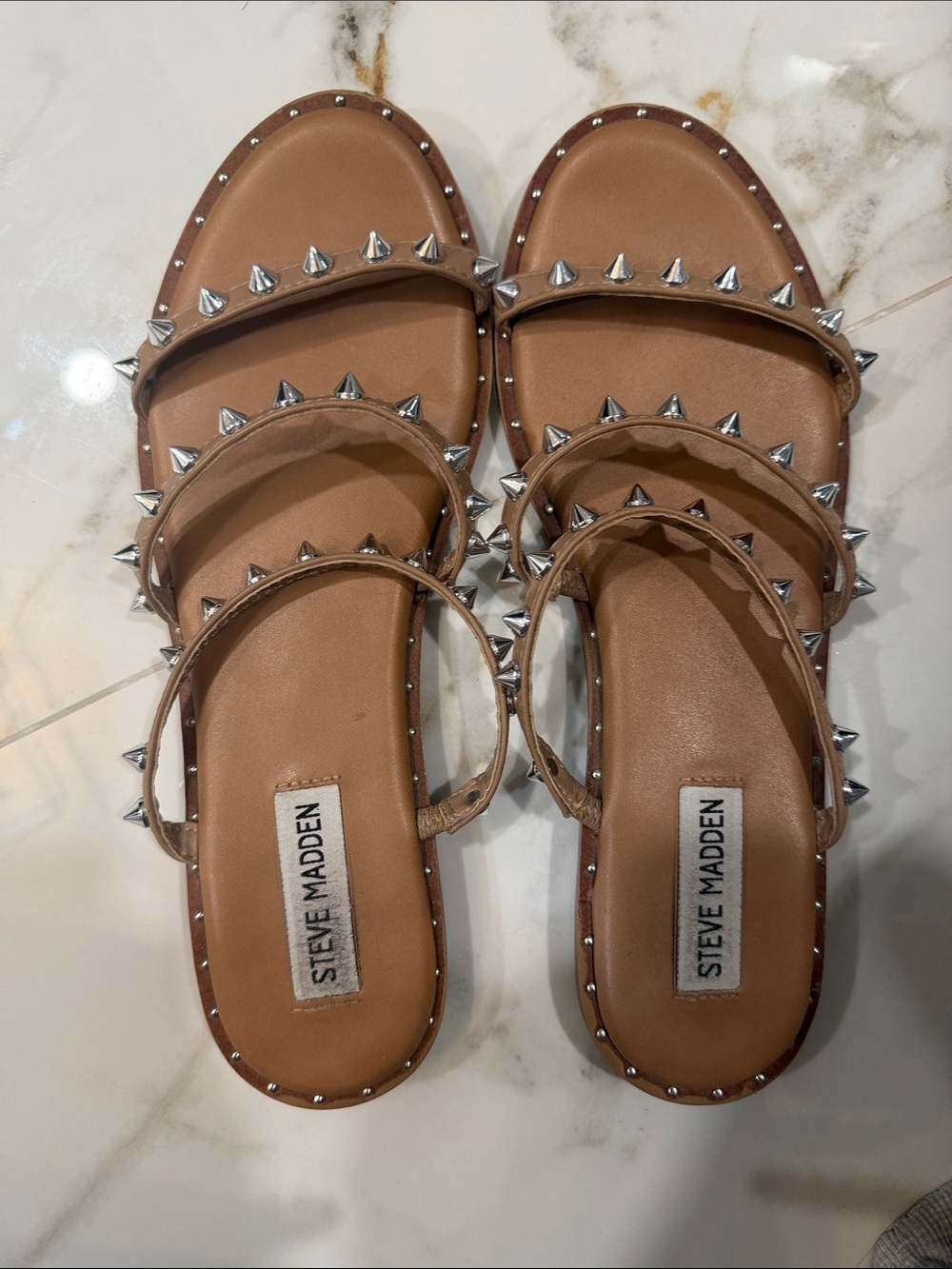 Steve Madden Brown Studded Triple-Strap Slide Sandals- size 8